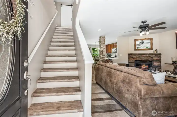 Luxury vinyl plank flooring throughout downstairs + upstairs in traffic areas. Luxury vinyl plank flooring throughout downstairs + upstairs in traffic areas.