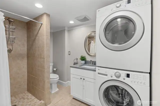 Lower level bathroom and laundry.