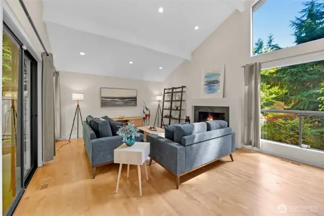 Soaring beamed ceilings surrounded by windows and greenery