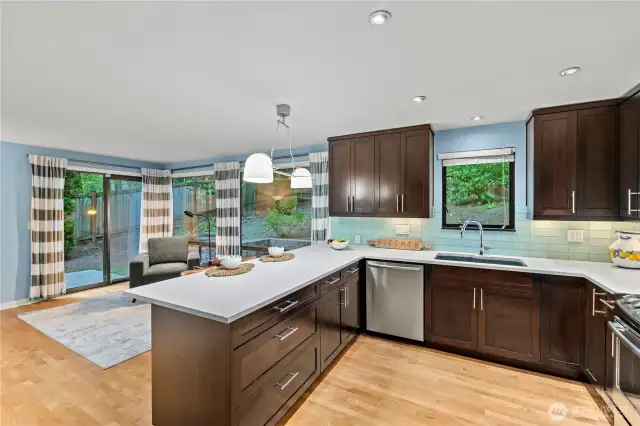 Kitchen with Quartz counters & open to the Family room