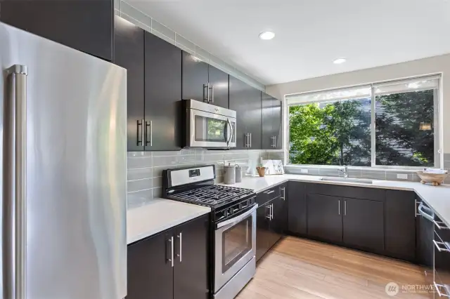 A chefs kitchen with lots of cabinet space and modern appliances.