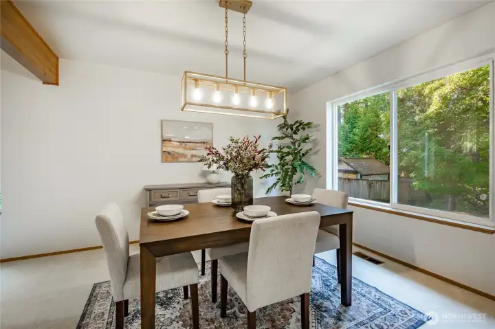 Dining room with new paint and lighting