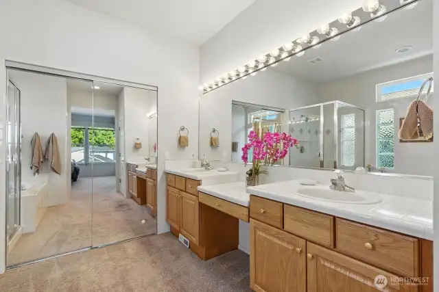 Primary Suite - 5 piece bath, complete with dual sinks, soaking tub, step-in shower, walk-in closet with amazing built-ins!