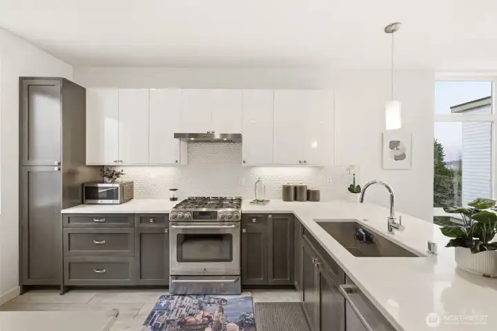 Gourmet kitchen with powerful range hood over five burner cooktop, and ultra-quiet Bosch dishwasher.