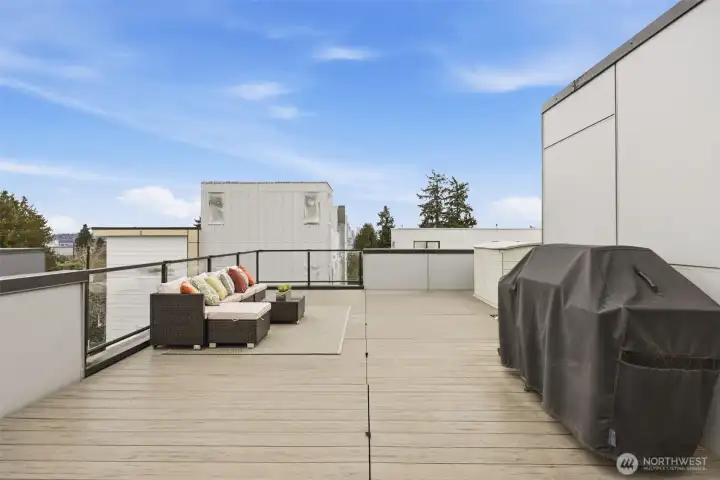 Spacious rooftop deck for entertaining, with gas grill (that stays!) connected to the home gas line; Trex decking, and a view of Seattle skyline and the Great Wheel.