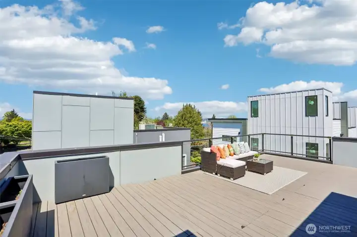 Spacious rooftop deck for entertaining, with gas grill (that stays!) connected to the home gas line; Trex decking, and a view of Seattle skyline and the Great Wheel.