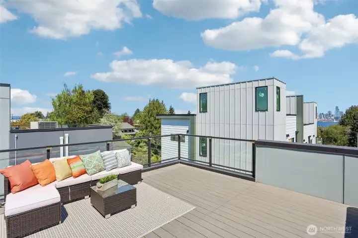Spacious rooftop deck for entertaining, with gas grill (that stays!) connected to the home gas line; Trex decking, and a view of Seattle skyline and the Great Wheel.