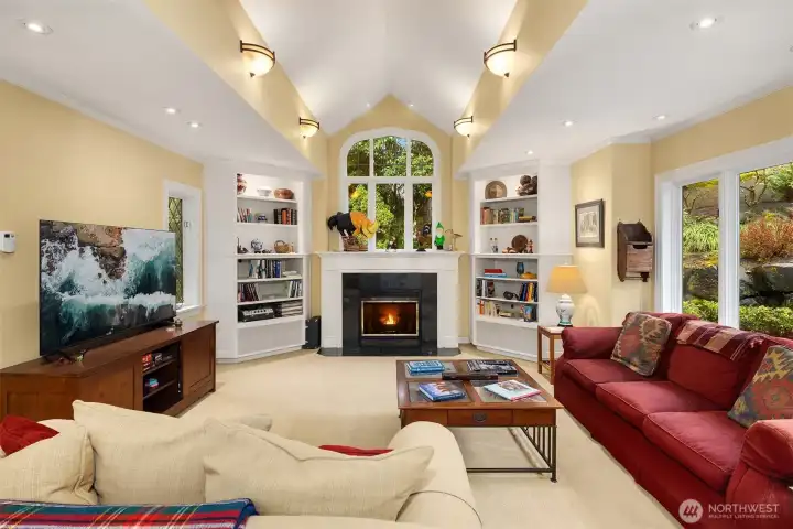Large media room with gas fireplace