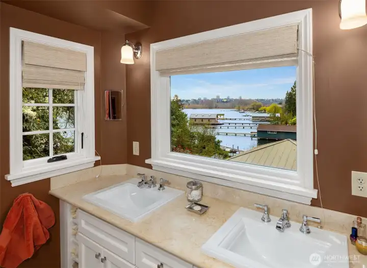 Dual sinks and view of Portage Bay
