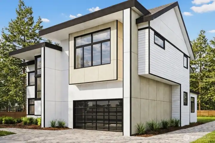 Paver driveway to modern 2 car garage. Parking pad on the right of home leads to the DADU. Photo is a rendering.