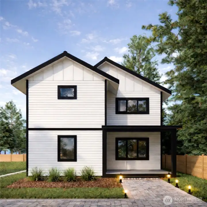 DADU has own front and backyard space. Paver path to the home. Photo is a rendering.