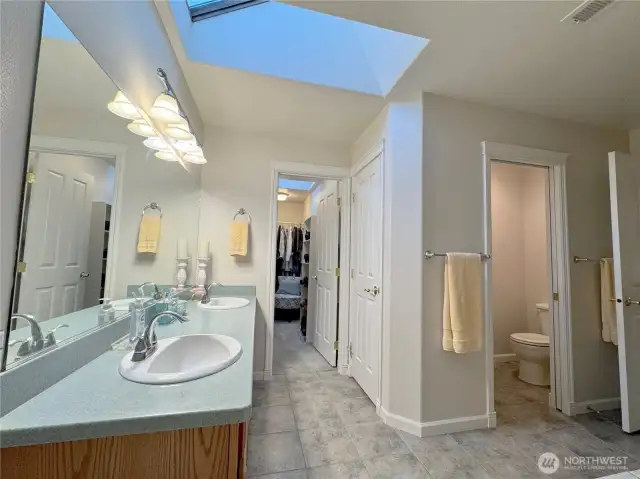 Primary bathroom with skylight.