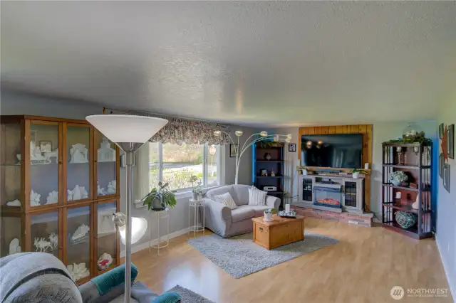 Large well lit living room with a real fireplace behind the electric fireplace.
