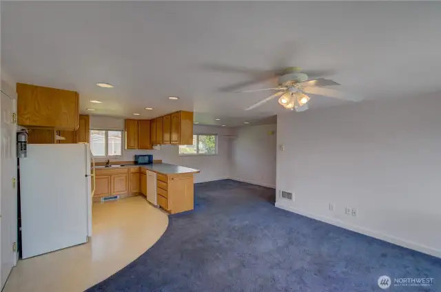 Apartment living, kitchen and dining area