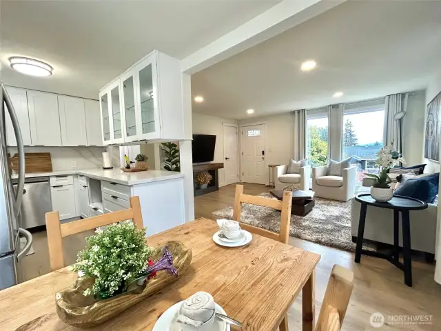 kitchen, dining room, living room