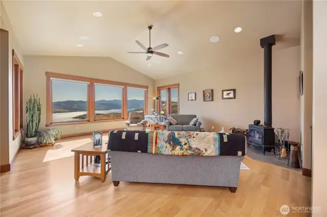 Cozy wood stove to warm the cool Fall and chilly Winter evenings.