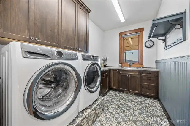 Laundry is on the main floor near kitchen wing.