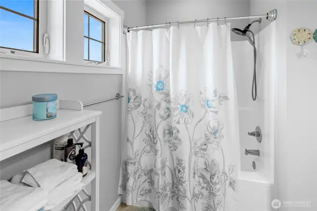Guest bathroom with tub and shower gets lots of natural light.