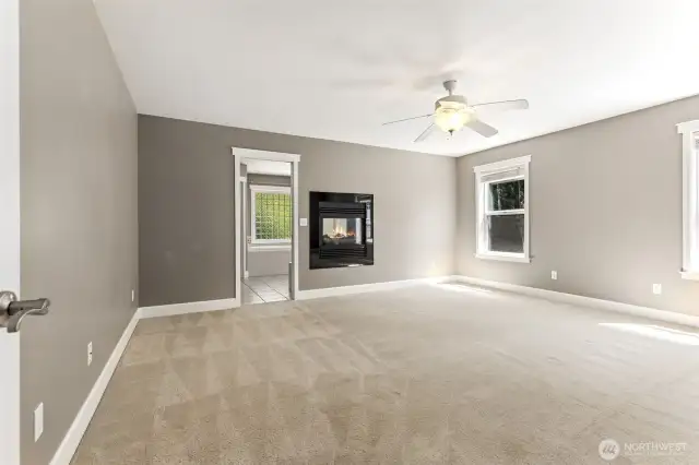 see through fireplace into the bathroom
