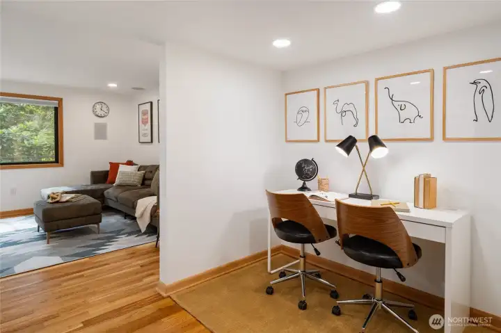 Multiple nooks on the lower level give you great flexibility for whatever life demands - space for desks, play, seating, you name it!