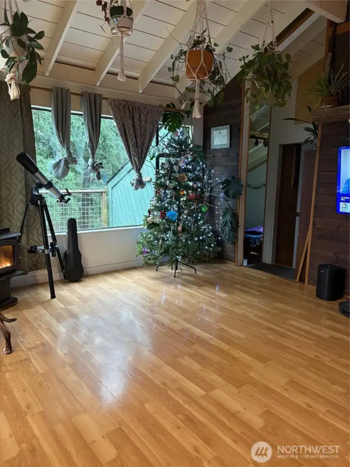 Vaulted ceilings and large windows.