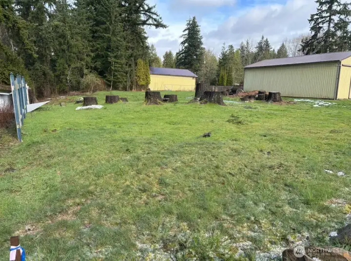 Stakes define the corners of the lot.