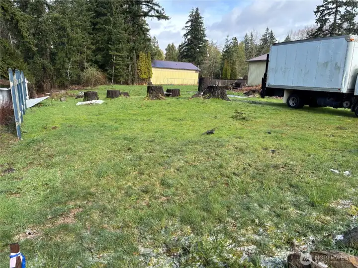 Stakes define the corners of the lot.