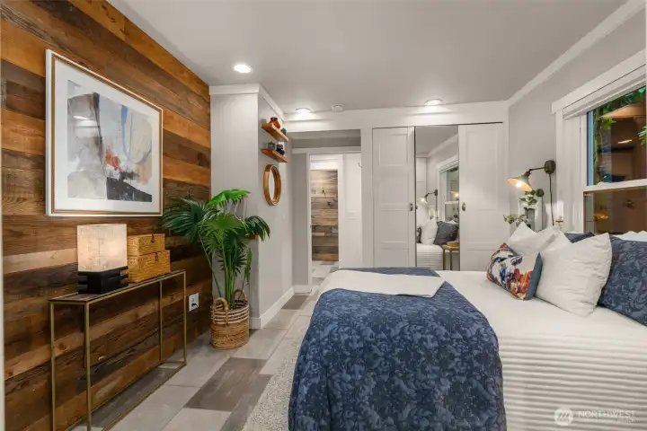 Chic wood accent wall in primary bedroom