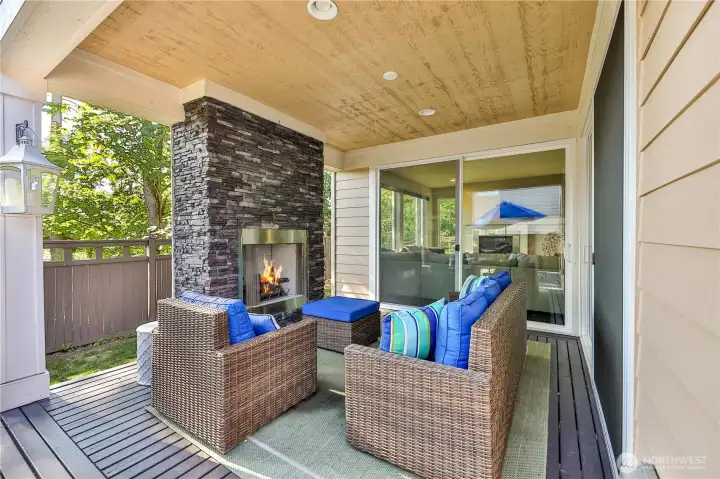 Back patio sitting area with fireplace