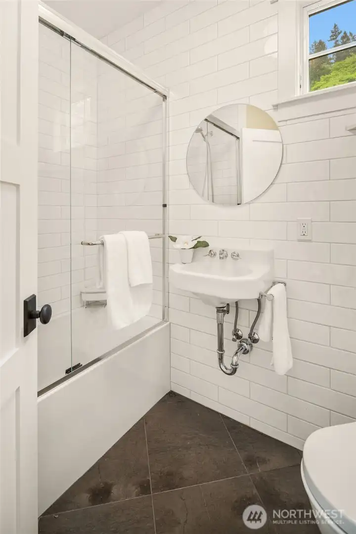 2nd floor bath - vintage sink, subway tile walls, tile floor