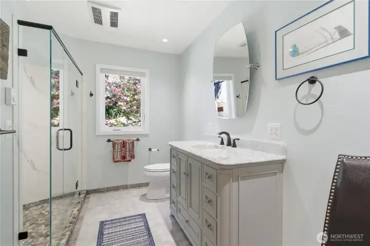 Upper level 3/4 bath for bedrooms and office space.