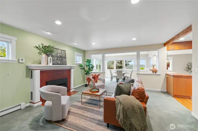 Living, dining & kitchen with gas fireplace to enjoy!