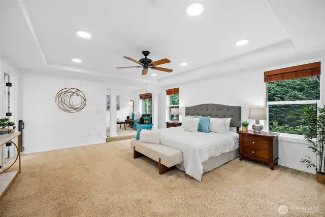 Oversized primary suite has a tray ceiling with recessed lighting and overlooks the private backyard.