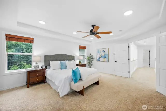 Solid core, raised panel French doors and ceiling fan.