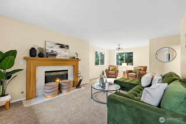 Front room is quite large for a family room, gas fireplace