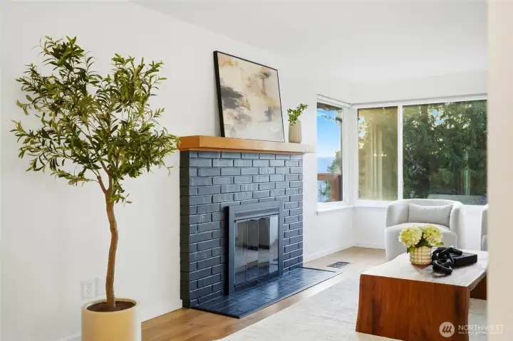 Cozy fireplace detail with clean, modern finishes in this Kent WA property.
