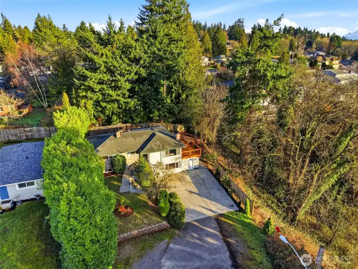 Aerial view showing the home’s wooded surroundings and quiet neighborhood location.