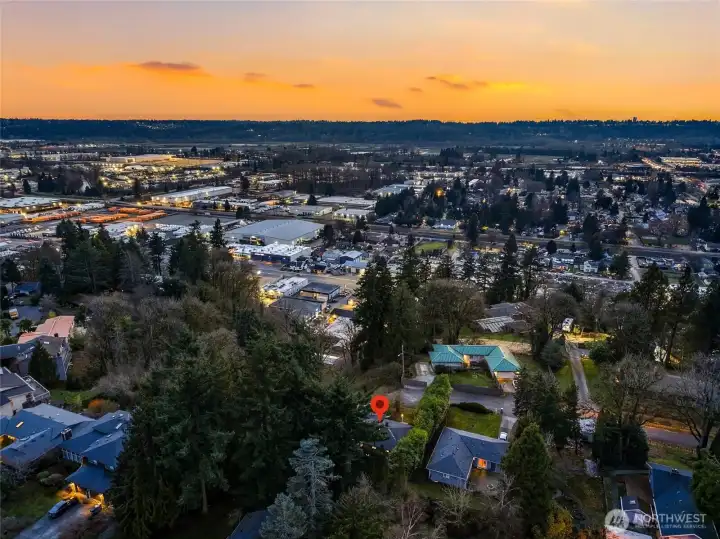Sunset aerial view of the Kent area, showcasing the community and nearby amenities.