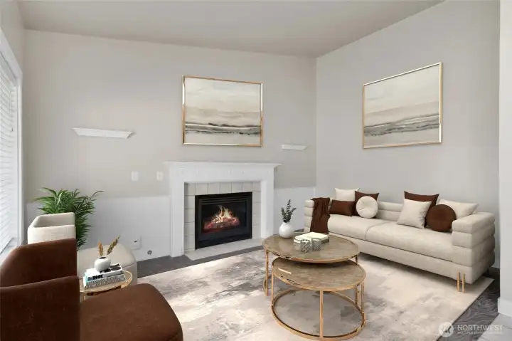 Bright entry opens to lovely sitting room with gas fireplace.  Perfect space for an office, study, or living room affords flexibility. *Room is virtually staged.