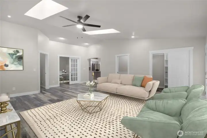 Two private rooms lead out from here, with lovely french doors taking you to a large office/den, as well as one of the homes additional bedrooms. *Room is virtually staged.