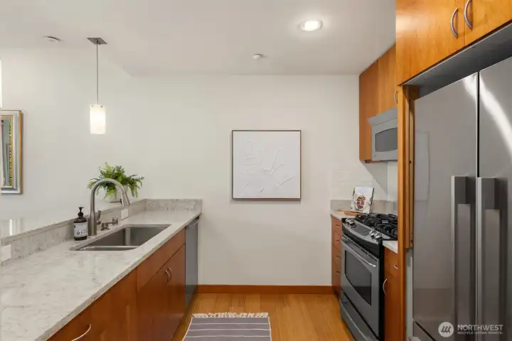 Stainless steel appliances include the dual fuel stove/range. Stainless steel appliances include the dual fuel stove/range.