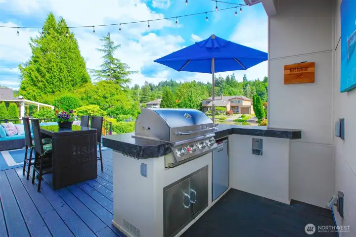grill, burner and refrigerator make up this outdoor kitchen grill, burner and refrigerator make up this outdoor kitchen