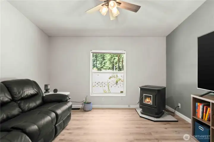 Spacious movie or gaming room with another pellet stove