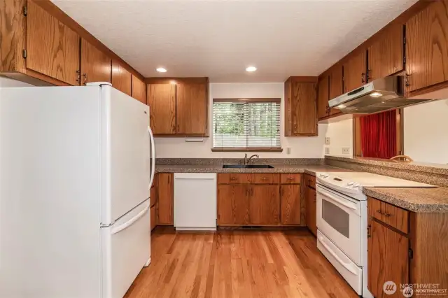Kitchen with pantry to the left and views to the right.
