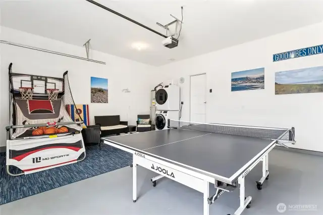 Garage transforms into a game room.