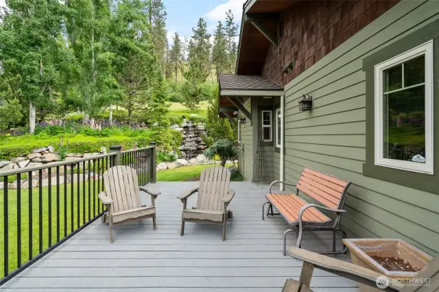 Main deck with waterfall in background.