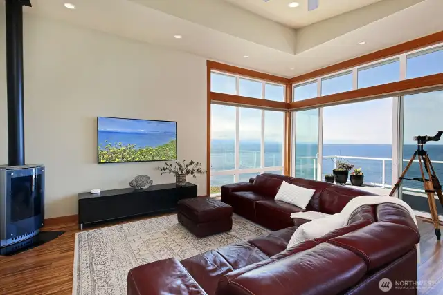 Propane stove. Floor to ceiling windows.