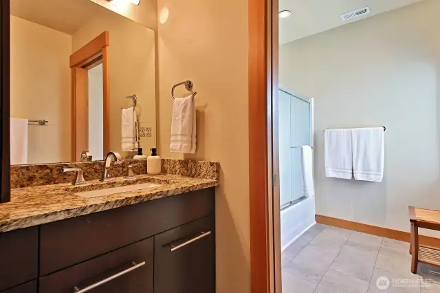Primary shower/tub. Has a view out to the water.