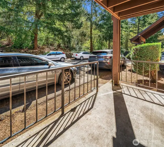 Covered patio...parking at this location is not assigned.