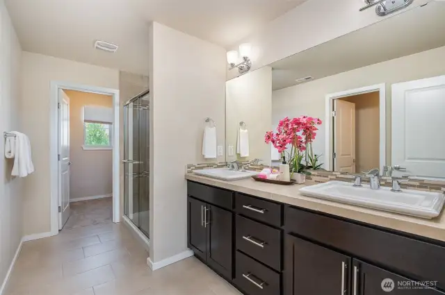 Primary bathroom with convenient double sinks